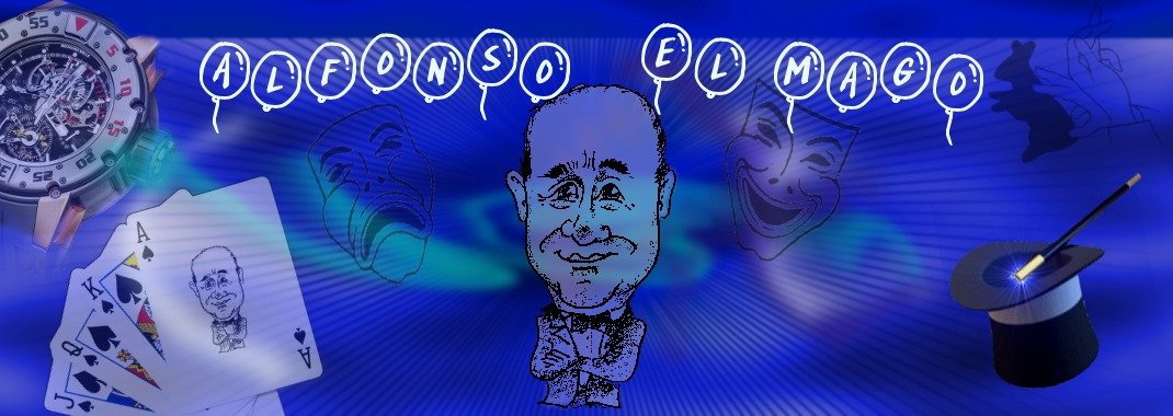 Alfonso el Mago: caricatura de Alfonso rodeado de cartas, chistera, varita y máscaras de teatro